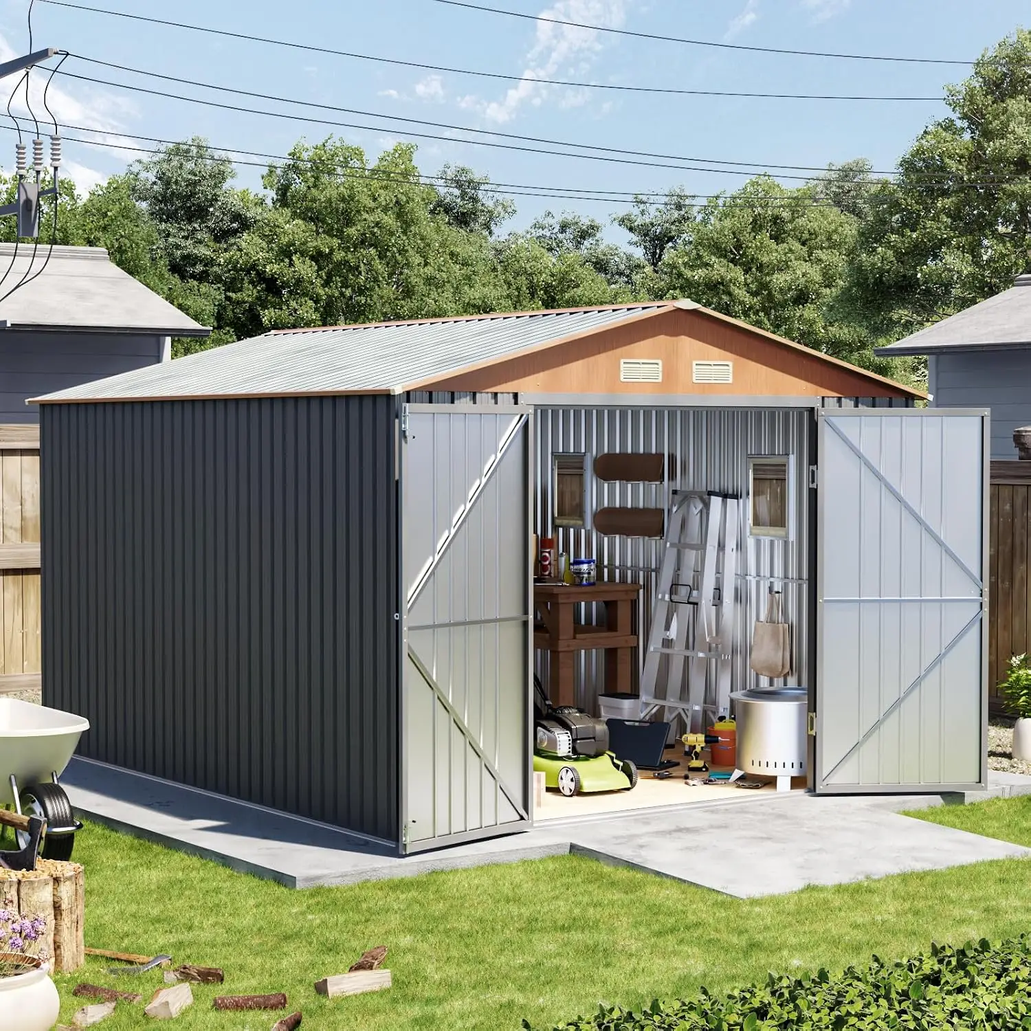 10x12x7.4FT Outdoor Storage Shed with Lockable Large Doors, Matte Gray, Custom