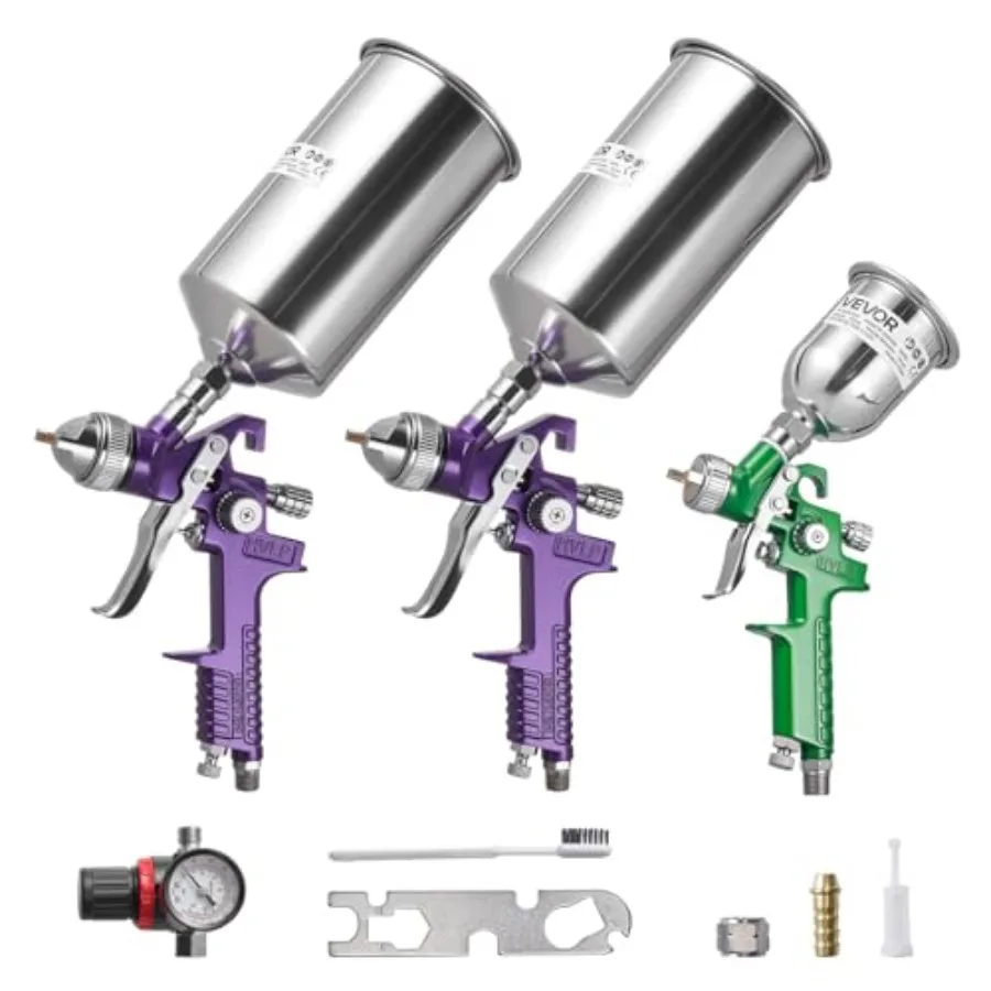 

Professional Auto Paint Spray Gun Set with 3 Nozzles 1/1.4/1.8mm 3 Cups and Air Regulator Gravity Feed Automotive Paint Sprayer