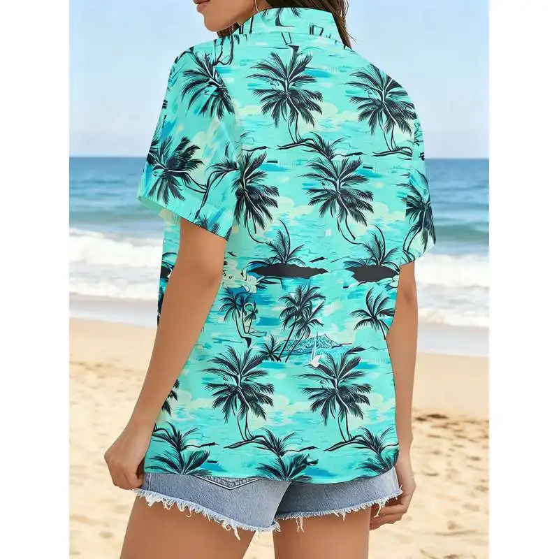 Women's Casual Button-Up Shirt Tropical Coconut Tree Print Short Sleeve Blue Background Summer Top Machine Washable