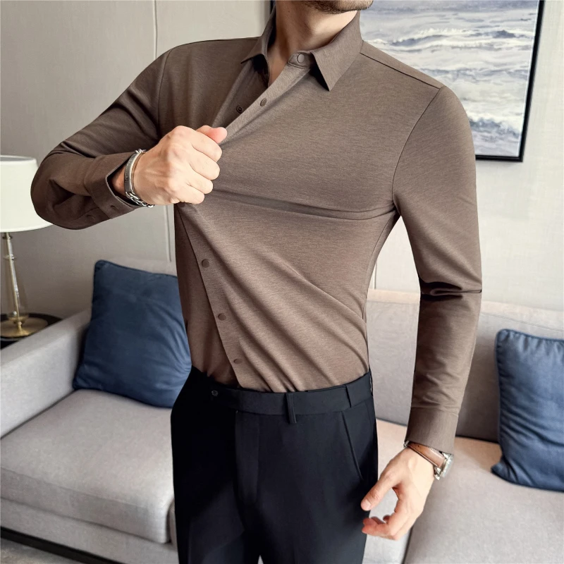 

Высококачественная деловая мужская рубашка с длинными рукавами, осенне-весенняя эластичная приталенная мужская классическая рубашка, формальная мужская блузка-смокинг для свадебной вечеринки