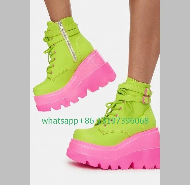 Lady mix color wedges heel platform sneakers lace-up buckle strap design boots daily dress colorful office lady boots sizeboots