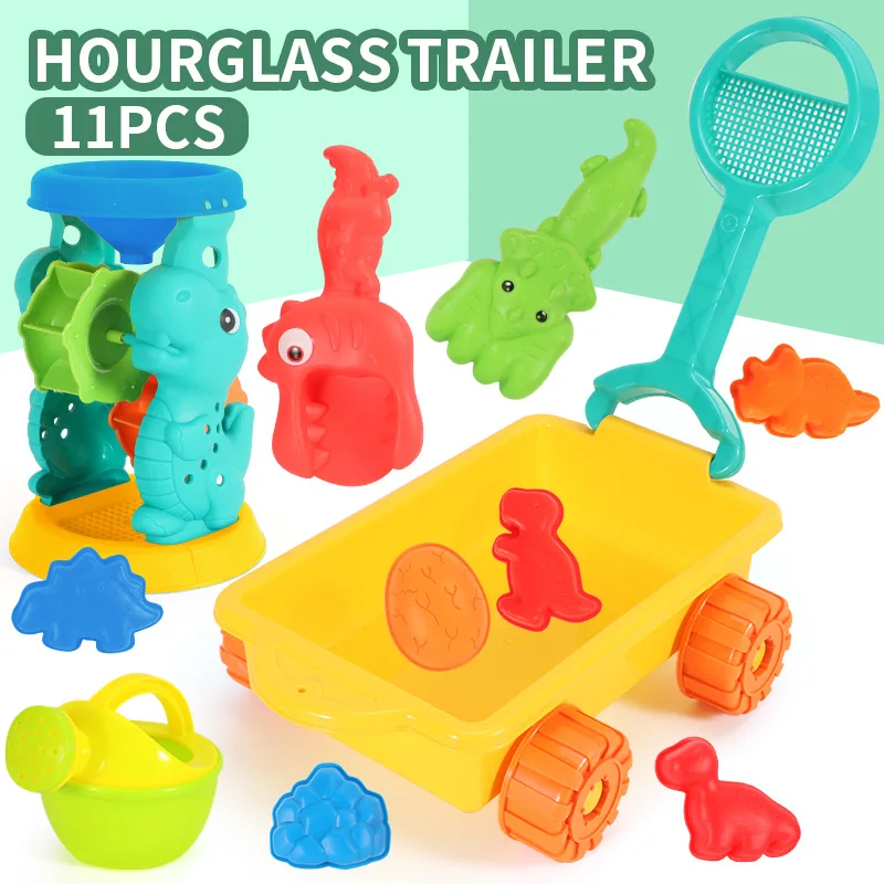Ensemble de jouets de plage pour enfants, chariot à pousser dinosaure, creuser du sable et jouet d'eau, seau de plage, pelle à sablier, outil de jeu de sable de plage 12 pièces/ensemble