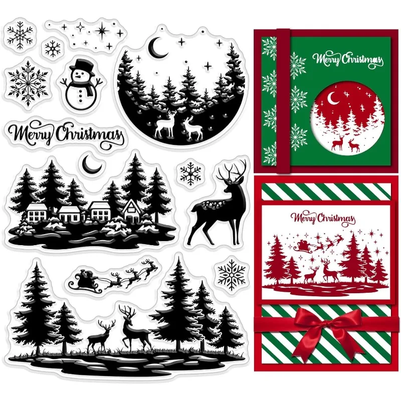 1Sheet Christmas Clear Rubber Stamps Winter House Forest Snowflake Elk Snowman Sleigh Holiday Transparent Silicone Seals Stamp