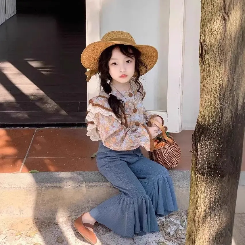 Girls' Floral Print Blouse Bell Bottom Pants 2 Piece Set 2026 Spring Summer New Chic Kids Trendy Toddler Children's Casual Wear