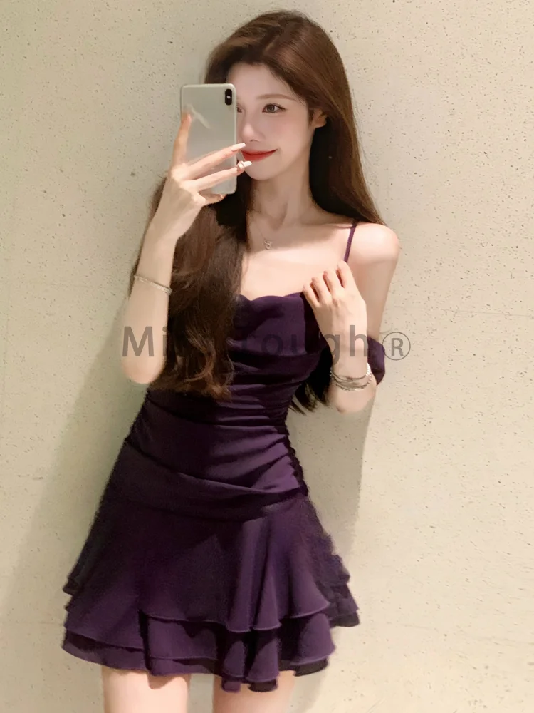 Summer Sexy Purple Sleeveless Party Dress Women Fashion Y2k A-line Slim Streetwear Dresses Elegant Chic Pleat Waist Up New Dress