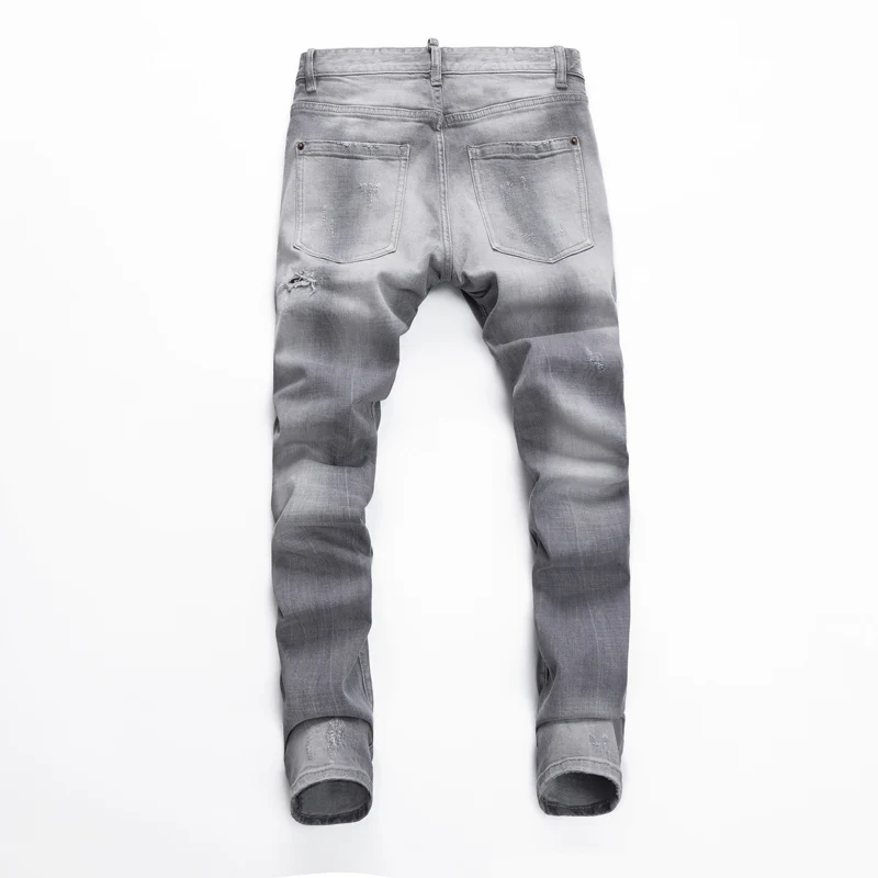

Street Fashion Designer Men Jeans Retro Gray Stretch Slim Fit Patched Ripped Jeans Men High Quality Brand Vintage Denim Pants