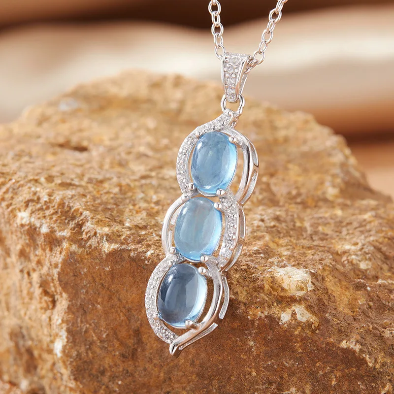 

s925Sterling Silver Inlaid Hot-Selling Collarbone Chain Natural Gemstone Aquamarine Pendant Necklace for Women