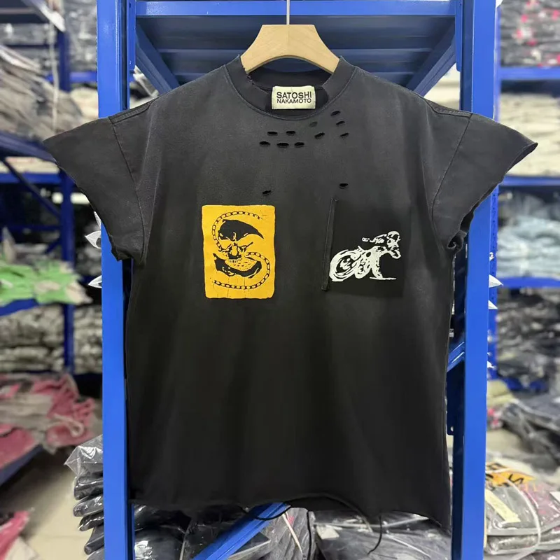 American Motorcycle Style Satoshi Nakamoto Vest Washed Water Worn Out Torn Collar Camisole Printed T-shirt