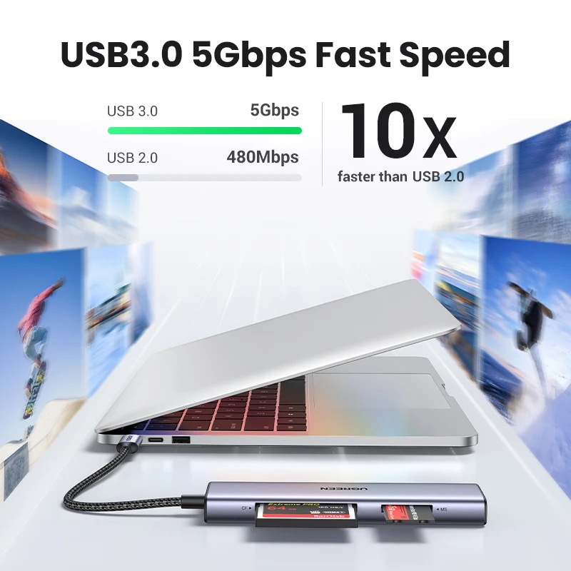 UGREEN قارئ بطاقة USB3.0 4-in-1 USB-C إلى SD TF CF MS بطاقة الذاكرة محول لأجهزة الكمبيوتر المحمول ويندوز ماك OS مايكرو SD OTG قارئ بطاقة