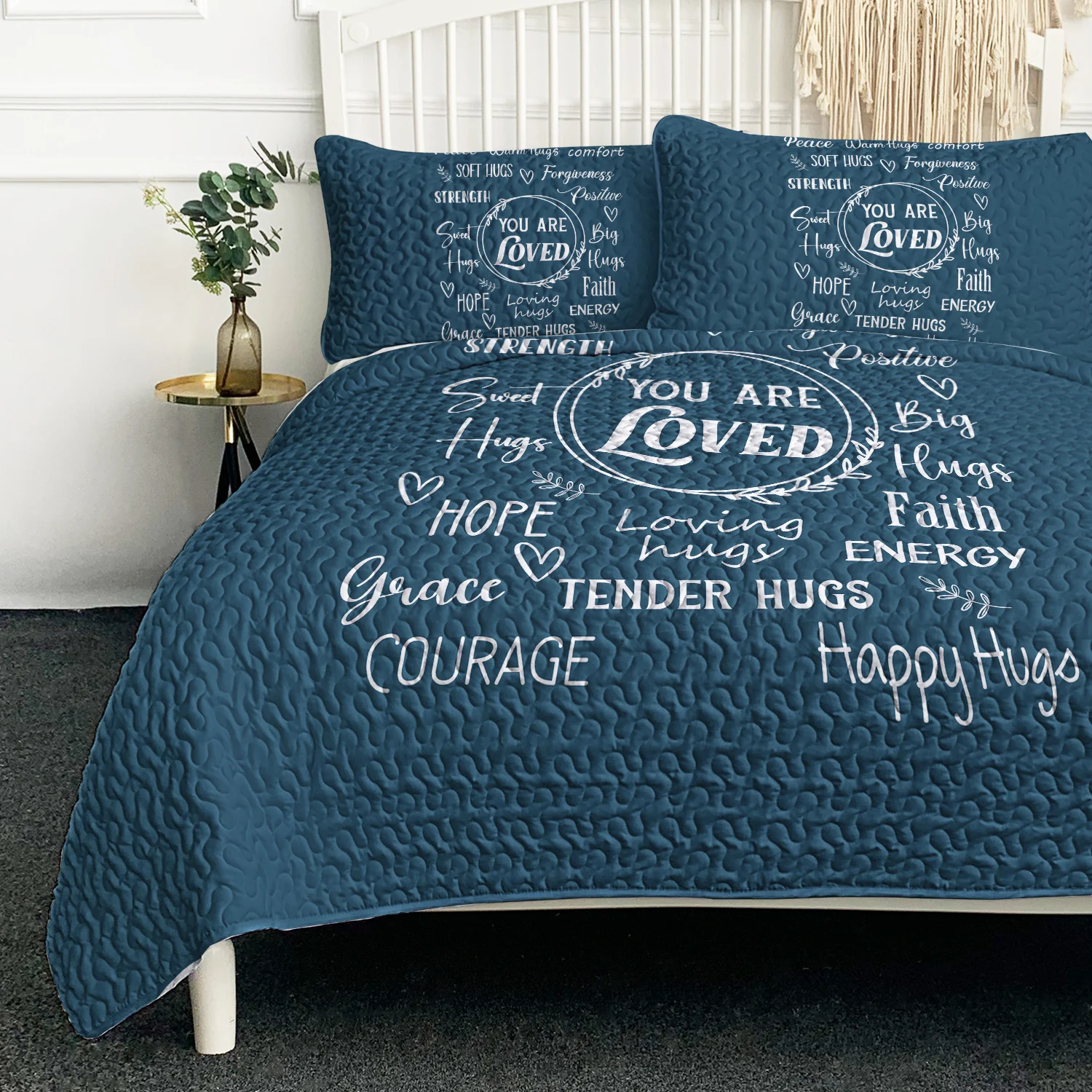 

Navy Blue Backgroud with White Words Printed Quilt Set Soft Comforter With 2 Pilowcases Nice Gift for Birthday Christmas