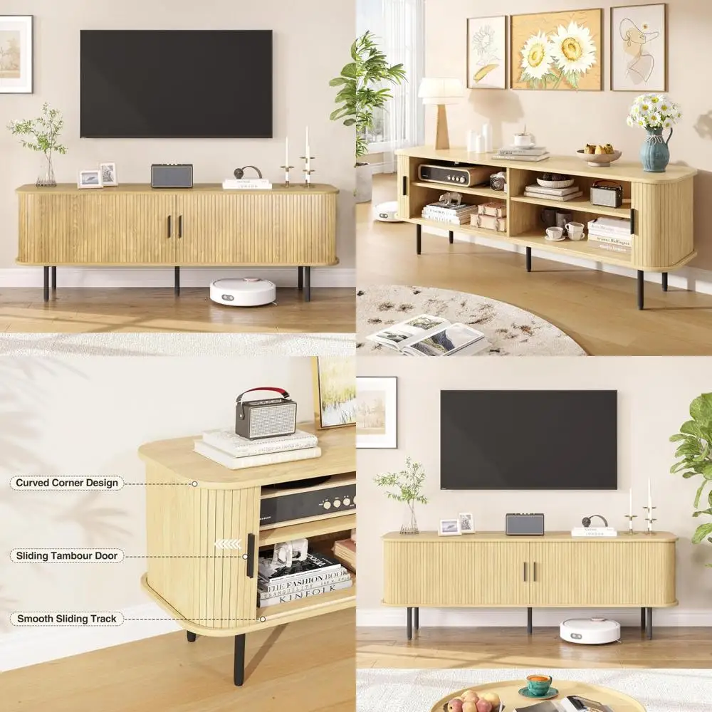 75 Inch TV Gaming Entertainment Center - Natural Fluted Stand with Sliding Doors and Storage Cabinet