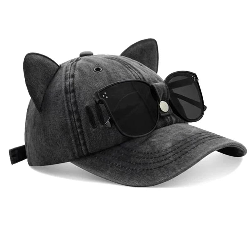 Girls Cat Ears Sunglasses Pink Baseball Cap Ins Personality Ins Trendy Cool Girl Cap Washed Retro Cotton Baseball Hat