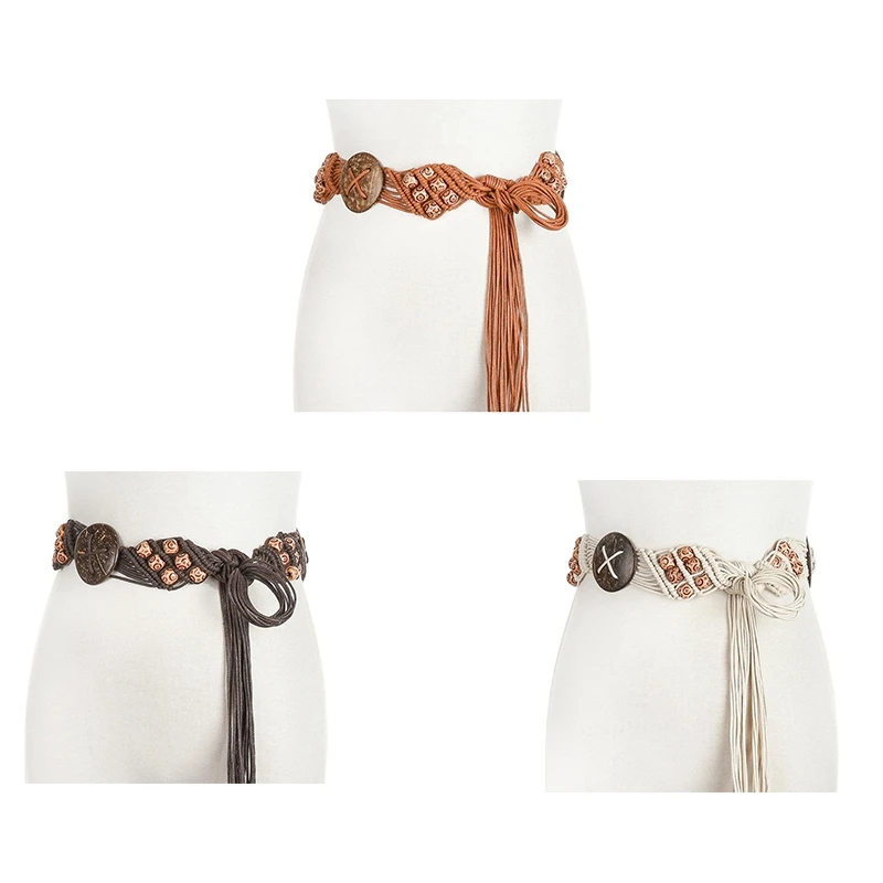 Ethnic Style Wax Rope Woven Beach Bohemian Ladies Thin Rope Flower Plant Knit Belt Ladies Dress