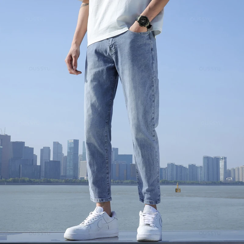 2024 New Men\'s Stretch Ankle Length Jeans Light blue Fashion Casual Cotton Slim Fit Denim Pants Korean Trousers Male Brand Cloth