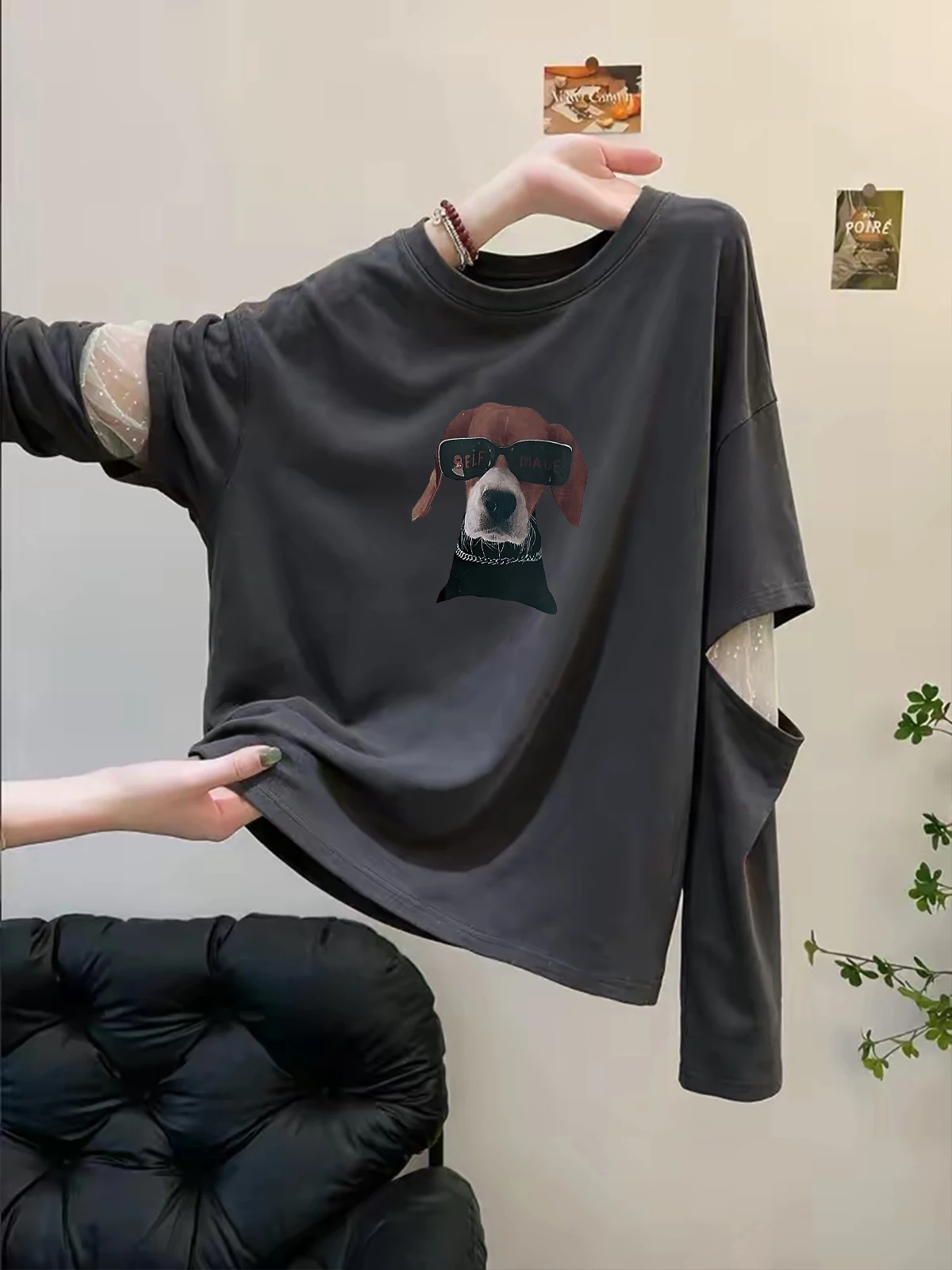 High-End Women's Long Sleeve T-Shirt Mesh Splicing Fake Two-Piece Autumn Fashion Versatile Beautiful Top Relaxing Style Creat...