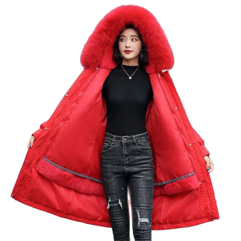 Fur Collar Long Hooded Parka for Women Adjustable Waist Jacket Cotton Liner Detachable Coat 3-way Wear Winter 2024 m-4xl