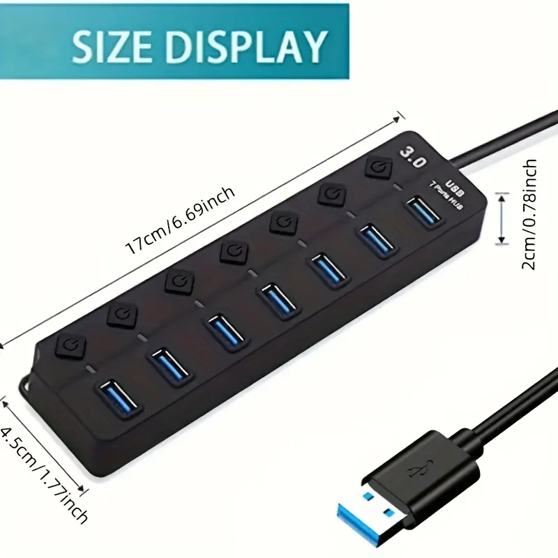 Concentrador USB 4/7 de 3,0 puertos con indicador LED, Control de interruptor independiente para ordenador portátil, unidad Flash, disco duro,