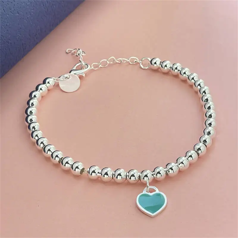 925 Sterling Silver beads chain Heart pendant Bracelets for Women Street all-match fashion designer Jewelry party wedding