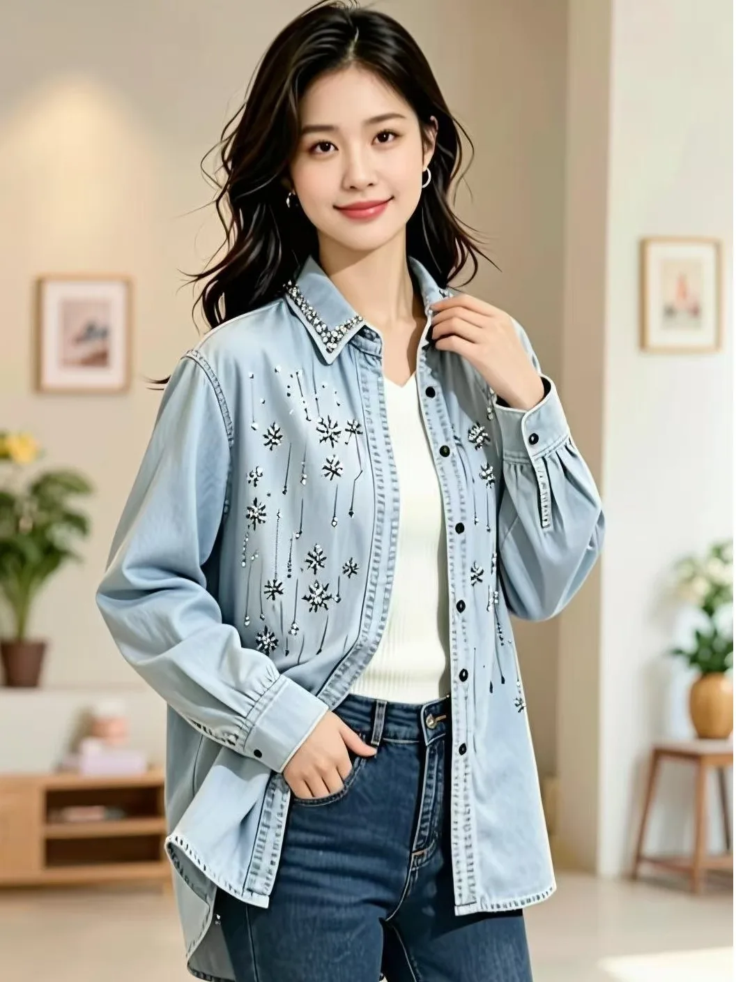 Retro Embroidered Denim Shirt Women's Loose Long Sleeve Collared Top Commute Personality Outerwear Autumn New Style 2026