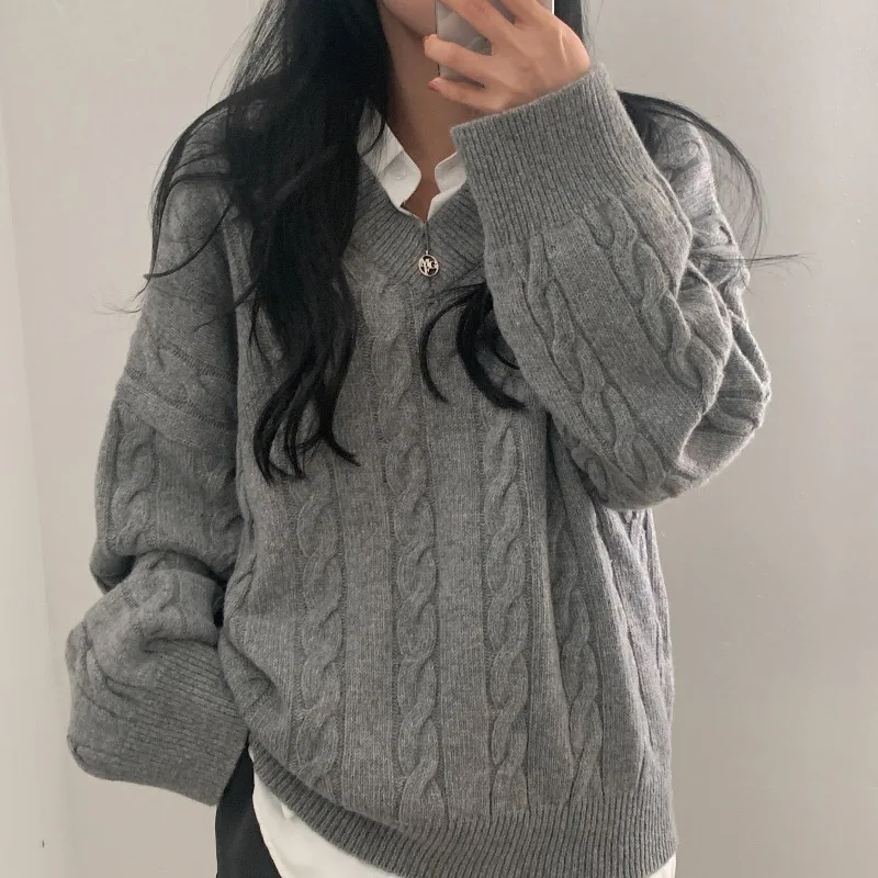 MiiiiX Korean Casual Loose V-Neck Pullover Sweater Women's 2024 Autumn Design Twist Texture Thick Sweater Top Female Clothing