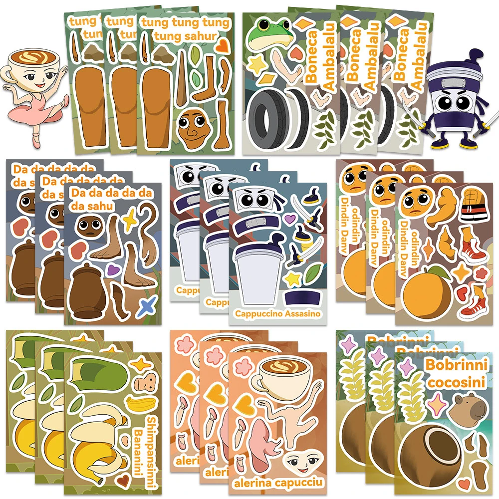 

8/16sheets Make a Face Cartoon Abstract Animals Puzzle Stickers Tung Tung Sahur DIY Assemble Jigsaw Decals Kids Party Decoration