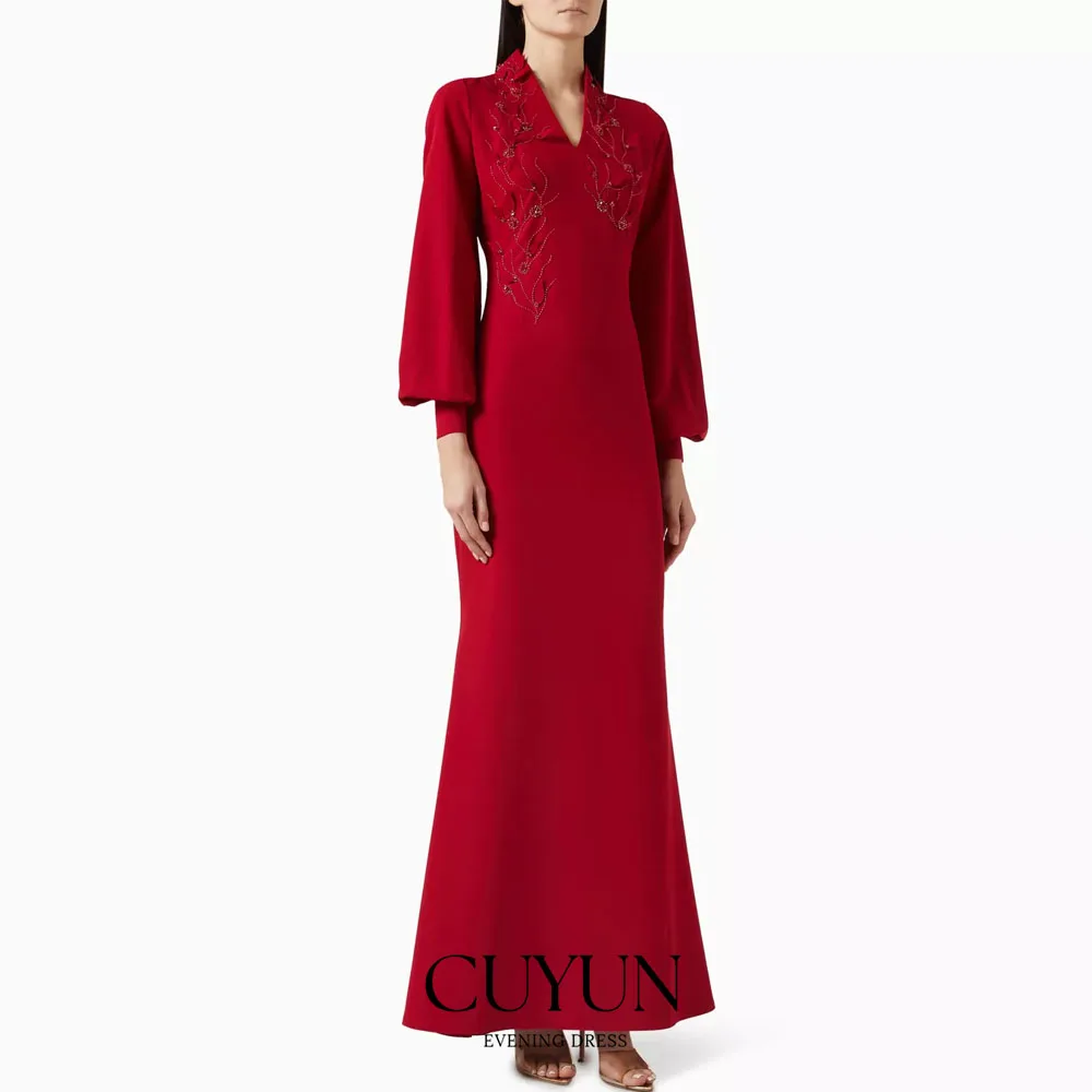 CUYUN – robe de soirée personnalisée, ornée de perles rouges, col en v, manches longues, modeste, élégante, longue robe formelle, vêtements d'invité pour fête de mariage
