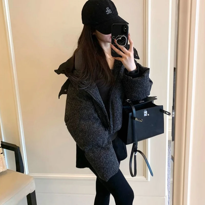 سترة قصيرة للنساء 90 بطة بيضاء أسفل مقنعين سميكة بياقة منتفخة سترة فضفاضة غير رسمية ، سوداء ، عصرية
