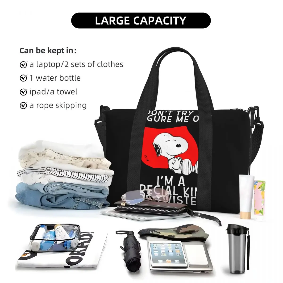 Custom S-Snoopys Dog Cartoon Beach Tote Bag for Women Big Compartment Gym Beach Travel Bags