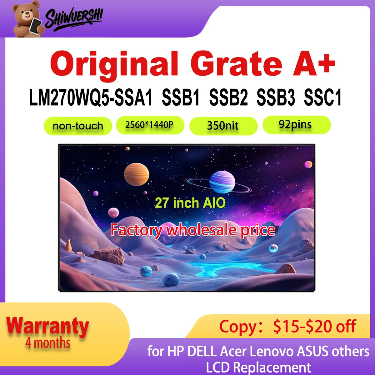 

Original new LM270WQ5 SSA1 SSB1 SSB2 SSB3 SSC1 27 inch IPS 30Pins FHD For HP Acer ASUS Dell Lenovo AIO LCD Screen Display