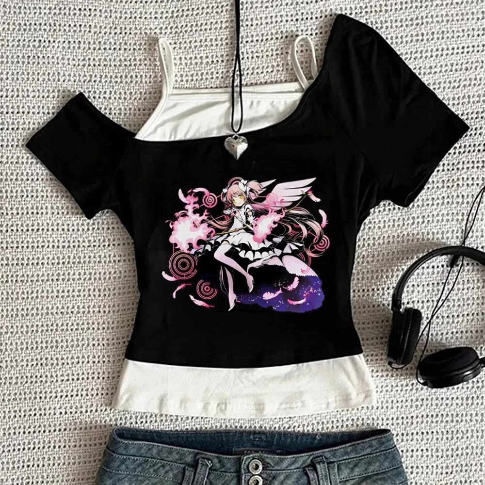 Madoka Magica crop top girl meme cute emo alternative  jojifuku top tees gothic alternative  streetwear cutecore clearance sales