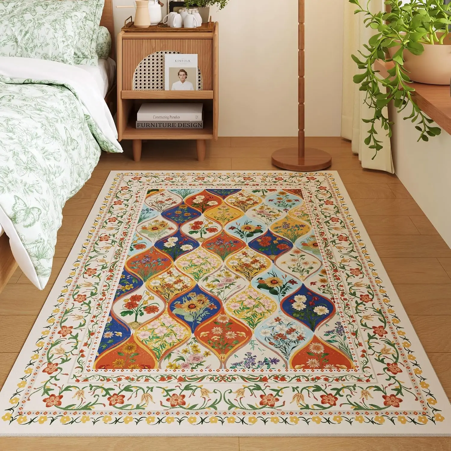Bohemian Geometric Floral Bedroom Rug Machine Washable Area Rug, Low Pile Soft Carpet, Non-Slip for Entry, Living Room, Room