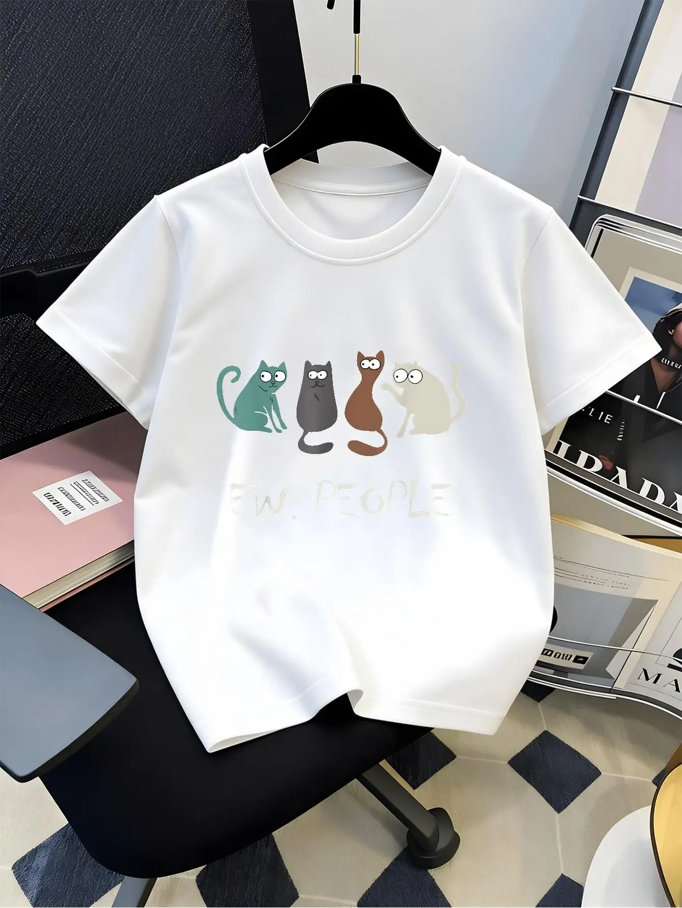 Kids Funny Ew People Four Cats Graphic Tee Boys Girls Family Matching Short Sleeve Humor Animal Print Casual Everyday T Shirt