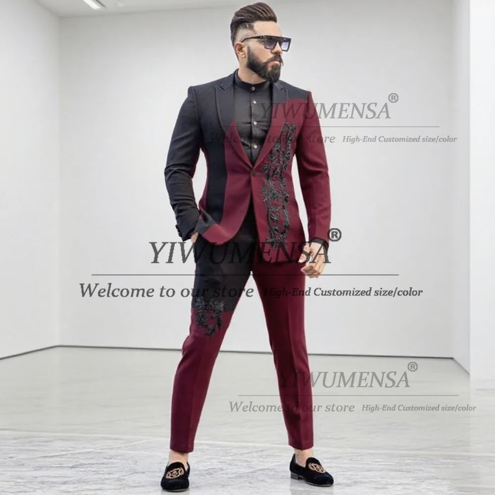 Abiti esclusivi in pizzo con perline da uomo Set da 2 pezzi Splicing Blazer da sposo a due colori Uomo personalizzato Banchetto Evning Party Smoking 2026