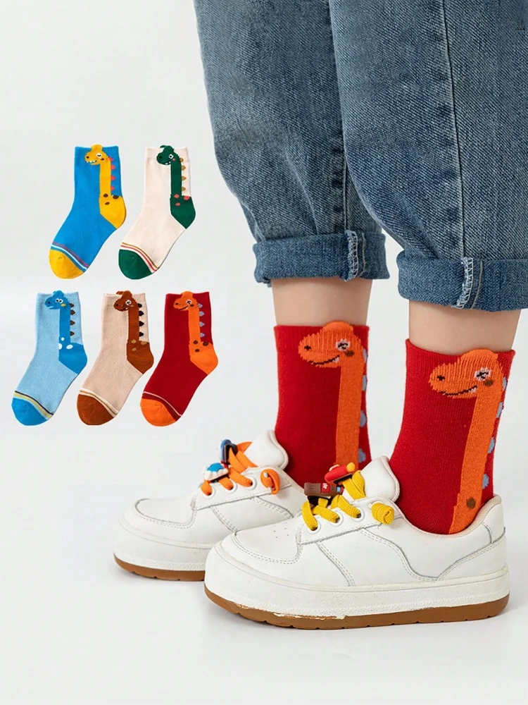 5 Pairs of Four-season Kidsren\'s Socks for Spring & Fall Seasons Cartoon Neck Dragon Dinosaur Boys and Girls Mid-calf Socks Baby Socks