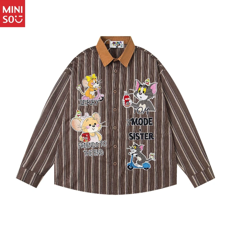 

Color Block Fun Cartoon Embroidery Striped Long Sleeve Shirt Unisex Casual Versatile Autumn