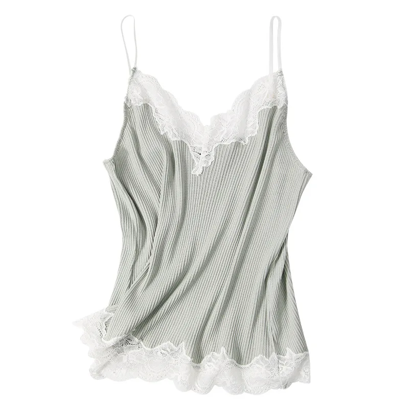 BirdTree, 30% Natural Silk 70% Cotton Elegant Sling, Women V Neck Lace, Sext Thin Bottom Tank Tops, 2024 Summer Autumn P48572QC