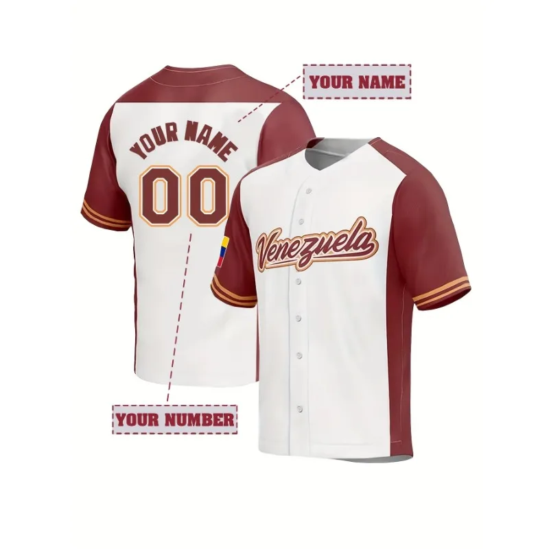 

Customizable Venezuela Baseball Jersey-Unique Personalized Name and Number Embroidery Comfortable Short Sleeve Training Tops