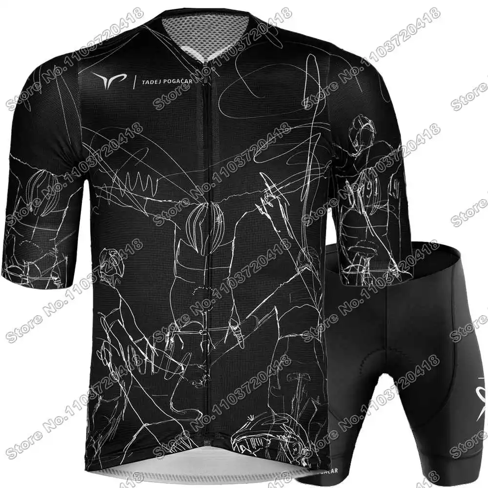 2025 Tadej Pogaikar طقم جيرسي لركوب الدراجات باللون الأسود لفريق الإمارات العربية المتحدة ملابس ركوب الدراجات للرجال صيفية على الطرق قميص بدلة دراجة مريلة شورت