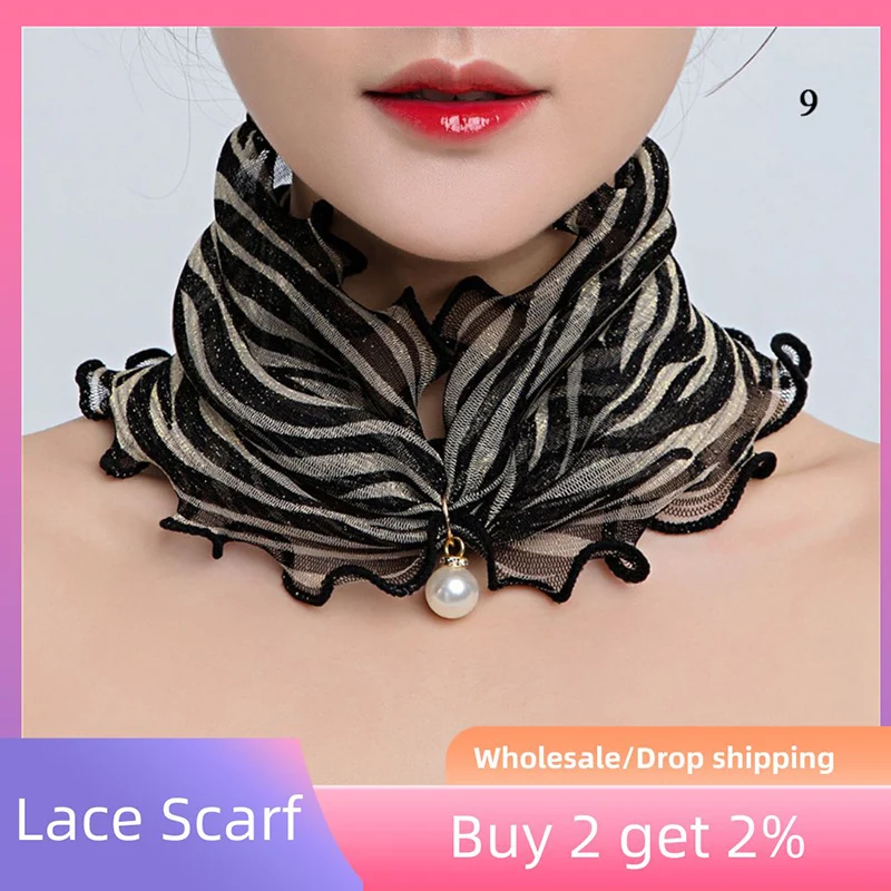 Women Print Neck Collar Fake Pearl Pendant Organza Lace Scarf Elasticity Ruffle Neck Wrap Chiffon Scarves Bandana Headband New