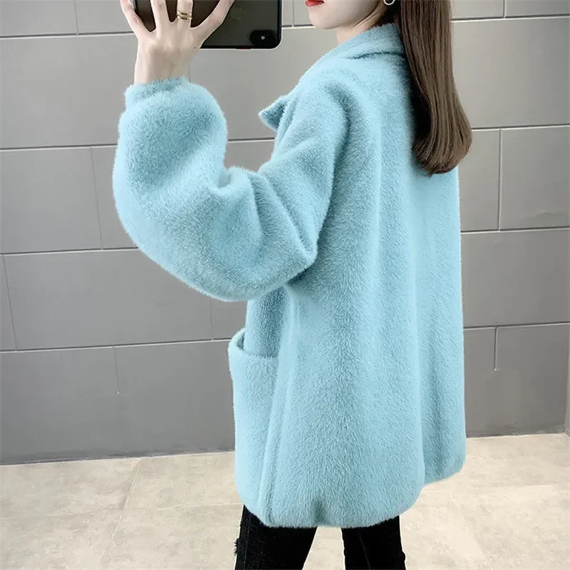 الشتاء سميكة فو المنك الكشمير معطف الصوف النساء 6 اللون فضفاض قصير أبلى كم طويل جيب كبير سستة سترة صوفية الإناث