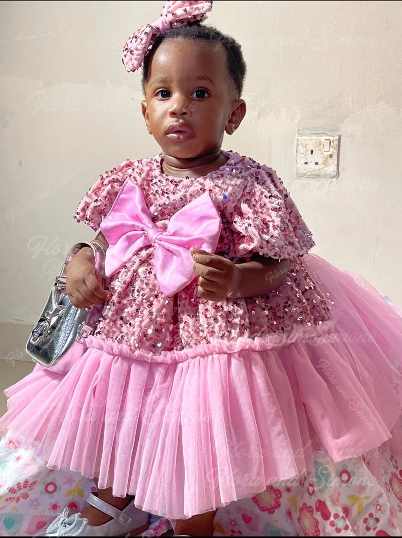 Sequin Bow Pink Puffy Skirt Flower Girl Dress for Dance Performances Parties Birthday Party Dance Photo Shoots Customized