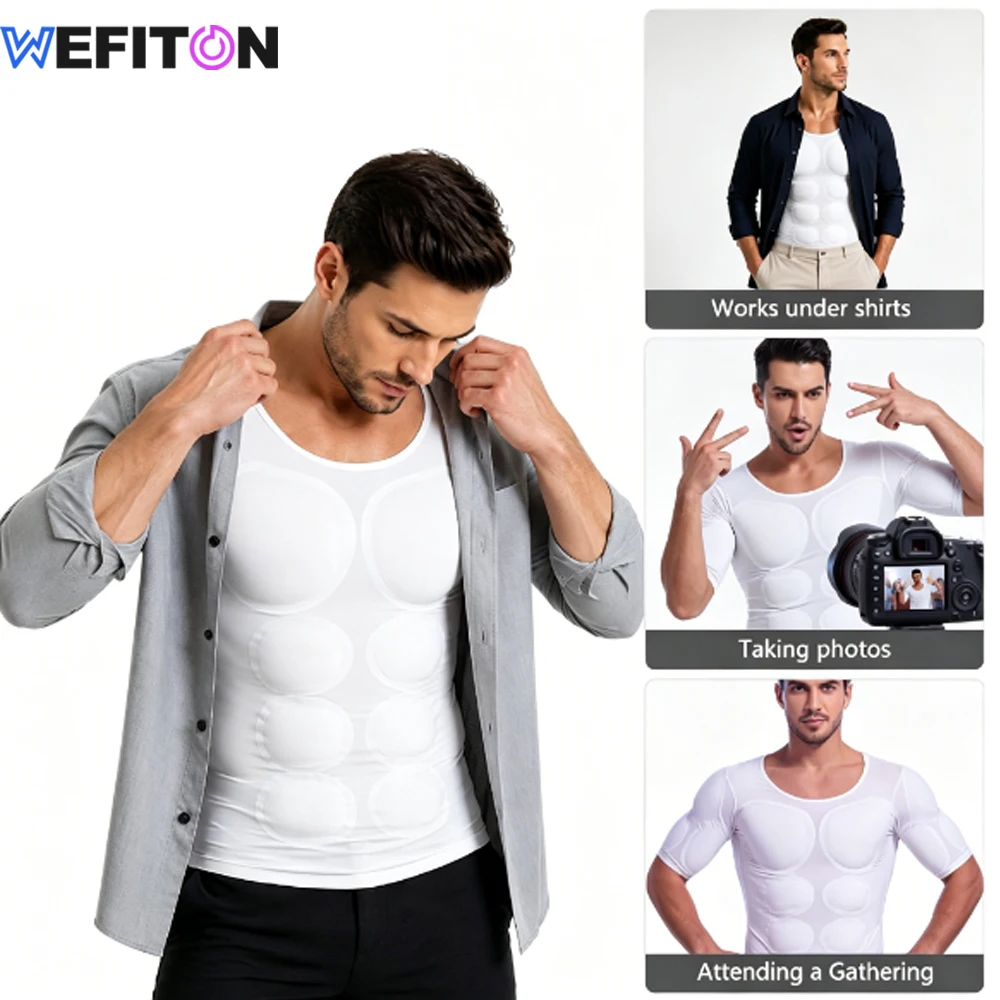 1PCS Men Fake Muscle Chest T-Shirt, Breathable Shoulders Padded Body Shaper Undershirt, Elastic Compression Slimming Tee Costume