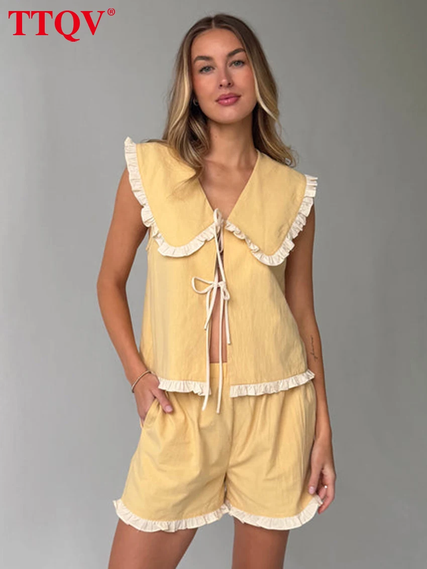 

TTQV Summer Loose Yellow Cotton 2 Piece Set Women 2026 Fashion Sleeveless Tank Top With High Waist Shorts Set Female Clothing