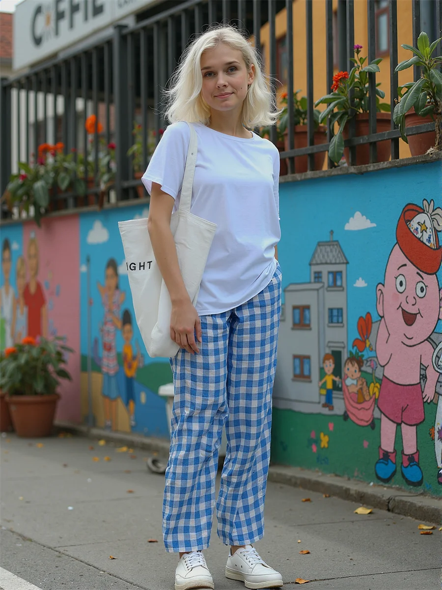 Calças casuais mulher azul rosa xadrez fino ajuste silhueta forma design confortável material macio tecido elástico uso diário básico