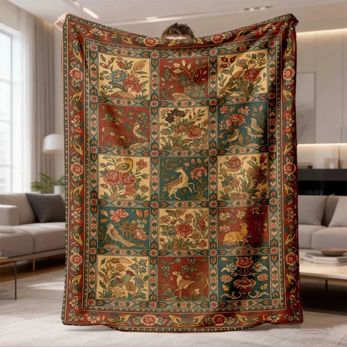Retro Medieval Wildlife Floral Border Patchwork Flannel Throw Blanket Soft Warm Cover for Couch Indoor Rustic Antique Aesthetic