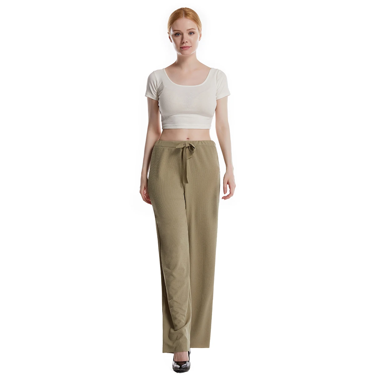 Women Summer Wear Solid Color Slat Full Length Ribbed Straight Trousers Lady Loose Fashion Drawstring Long Pants