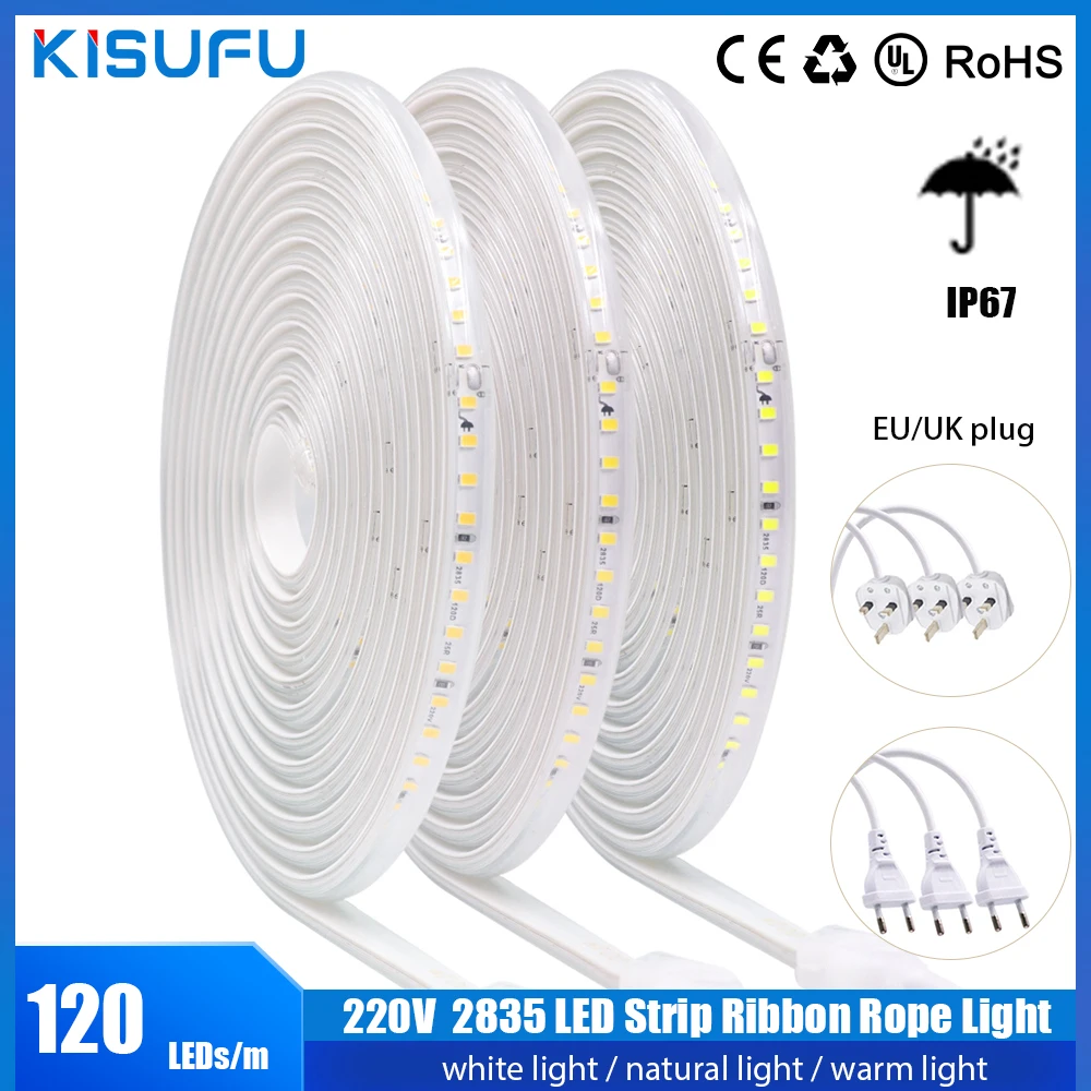 

1/50M AC110V/220V LED Strip Lights 2835SMD 120LEDs/m Waterproof High Brightness Outdoor Flexible LED Tape Ribbon With EU/UK Plug