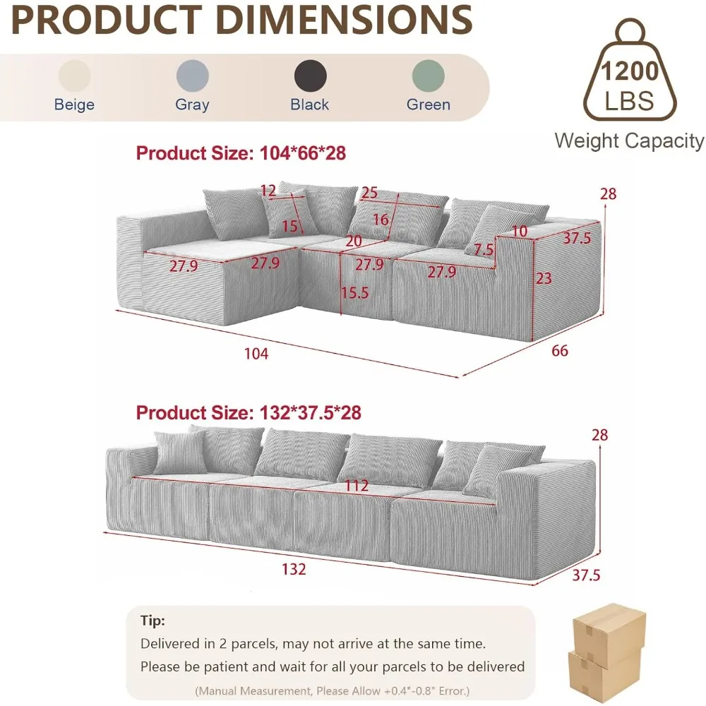 104” Modular Sectional Sofa, Cloud Sectional Couch with Deep Seat, Modern Modular L-Shape Sofa Couch with Chaise, Upholstered Co