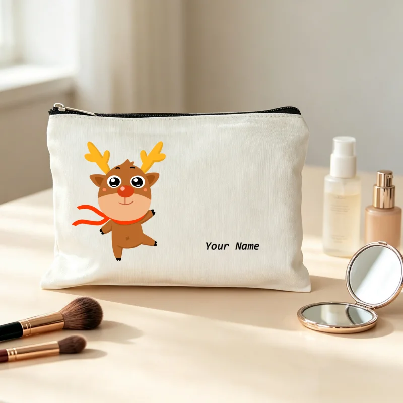 Custom Cartoon Rudolph Reindeer Makeup Bag Canvas Zipper Cosmetic Pouch Christmas Portable Toiletry Storage Purse Gift for Women
