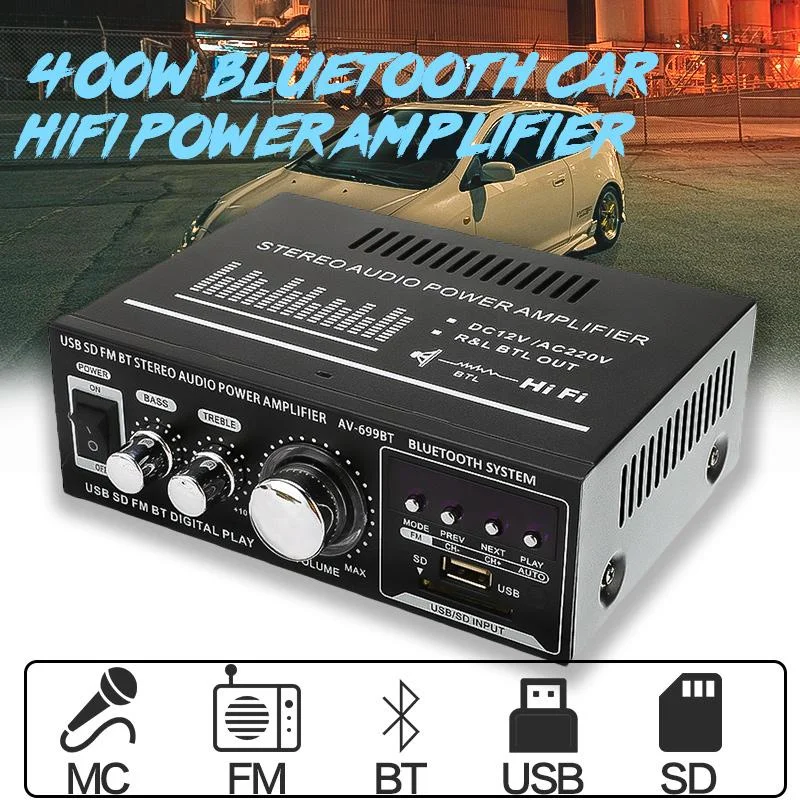 400W Car Audio Stereo Amplifier 2 Channel Bluetooth Car FM Radio with Remote Control HIFI Amplifier DC12V/AC 220V